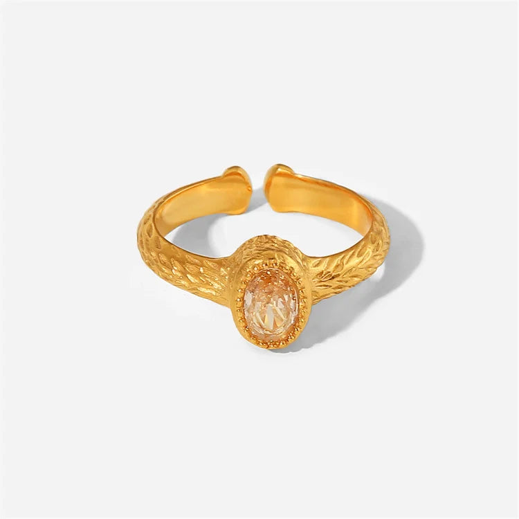 Fashion 18K Gold Plated Texture Zircon Open Ring Tarnish Free Jewelry Stainless Steel Oval Round Crystal Ring