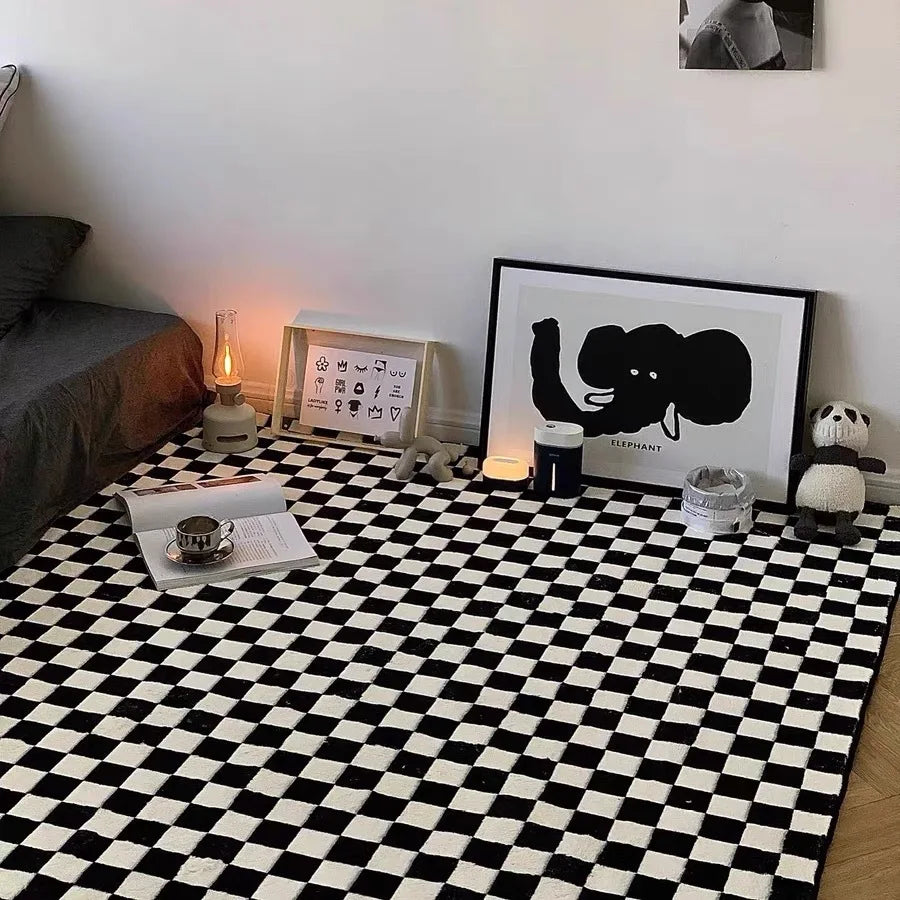 Ultra Soft Floor Washable Black and White Checkerboard Rug Fuzzy Living Room Carpet