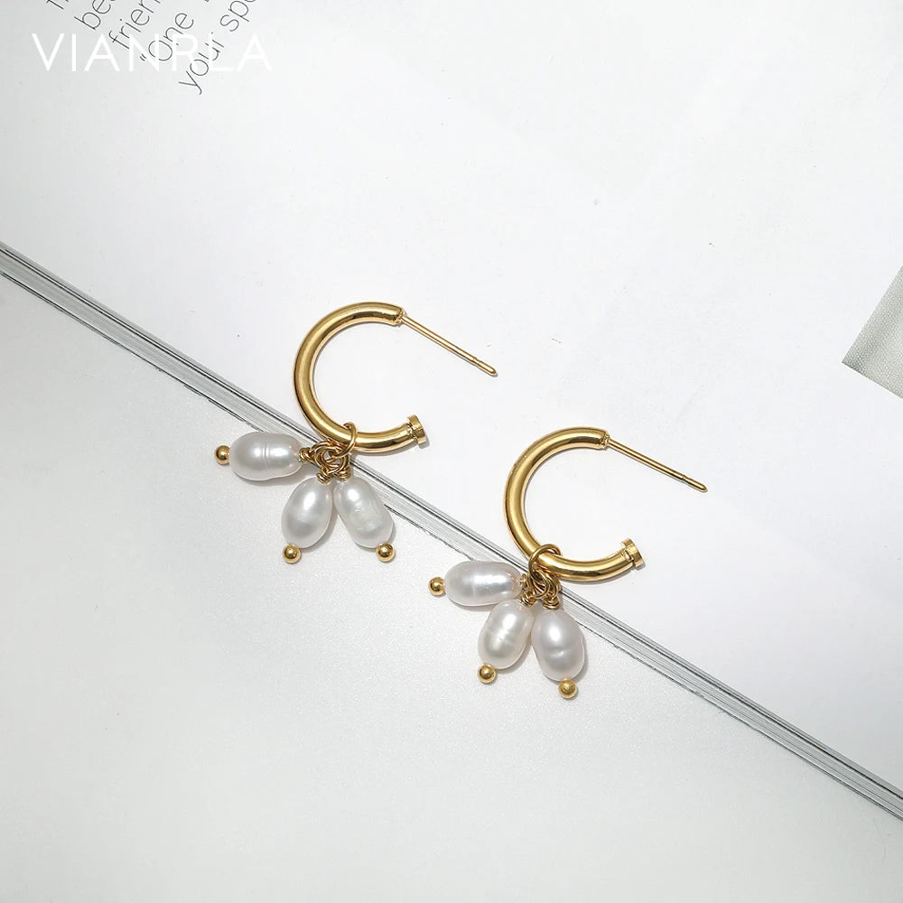 VIANRLA Stainless Steel Jewelry Leaf Shape Pearl Earrings Minimalism Gift 18K Gold PVD Plated Free Laser Logo Drop Shipping