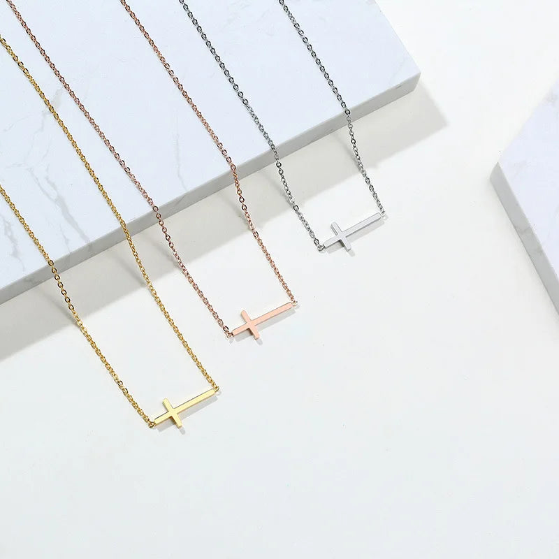 European and American Fashion Sideways Small Cross Necklace Gold Plated Stainless Steel Cross Pendant Necklace