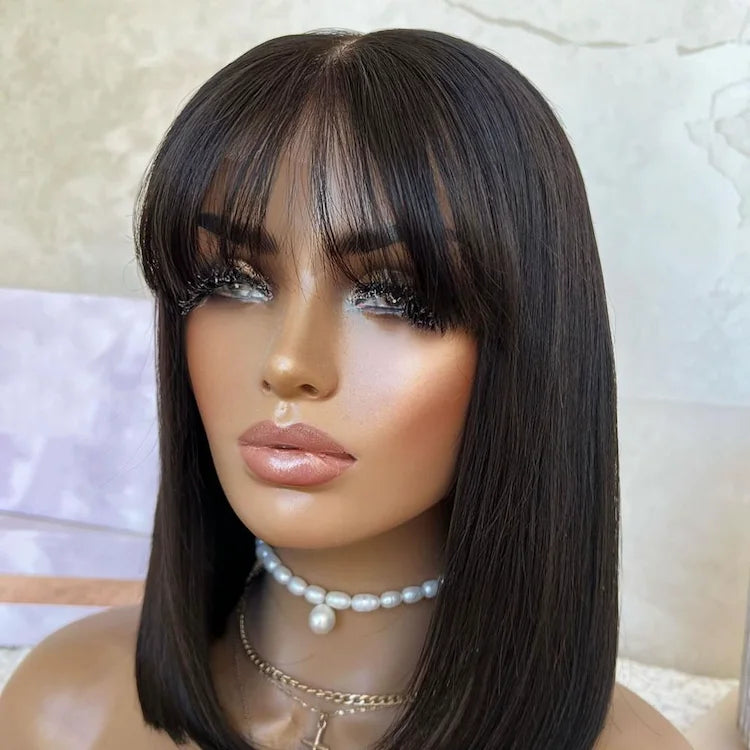 Bang Bob Wig Human Hair Lace FrontTransparent Glueless Virgin Bone Straight Bob Wigs Lace Short Bob Wig With Bangs