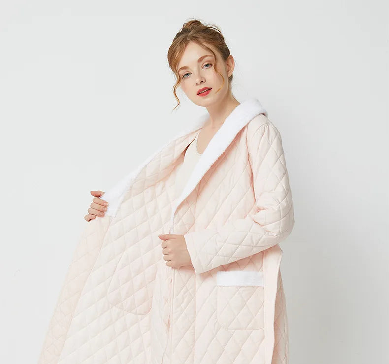 Ladies 3-layer Quilted Winter Bathrobe Diamond Shape Cotton Robe Sets for Women's Pajamas
