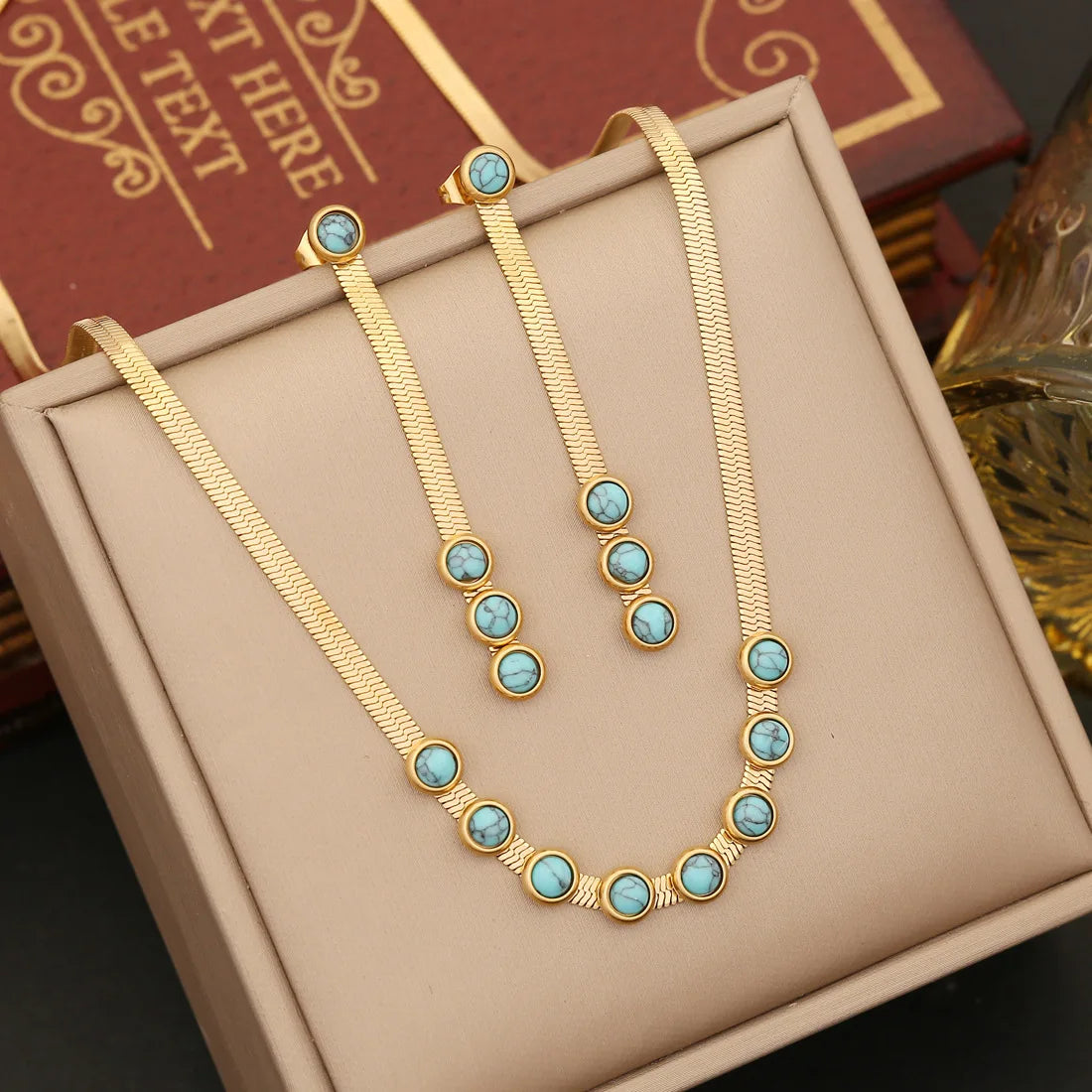 Unique Design Fashion Lasting Stainless Steel Chain Round Turquoi Collarbone Necklace Bracelet Earrings Set for Women N1196