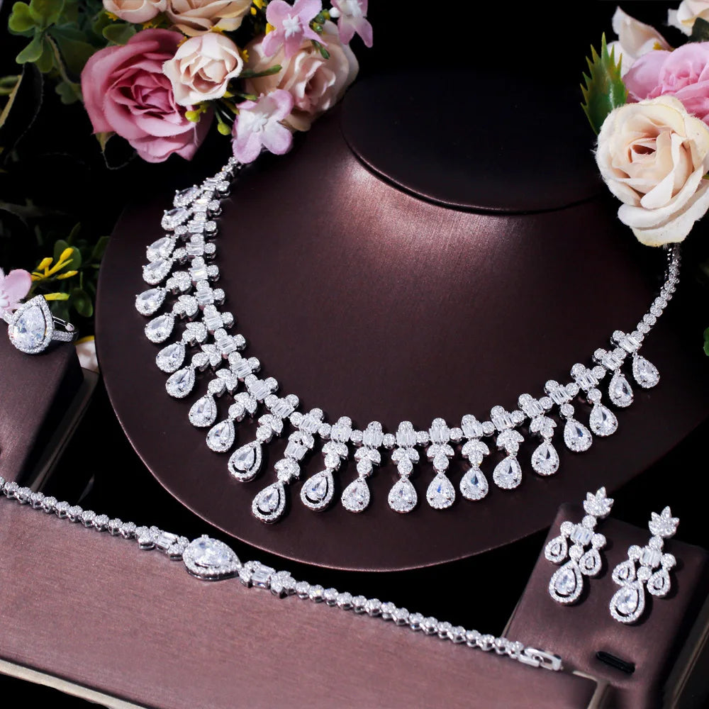 Latest Cubic Zirconia Crystal Luxury Tear Drop Earrings Necklace Party Wedding Bridal Fine Jewelry Sets for African Women