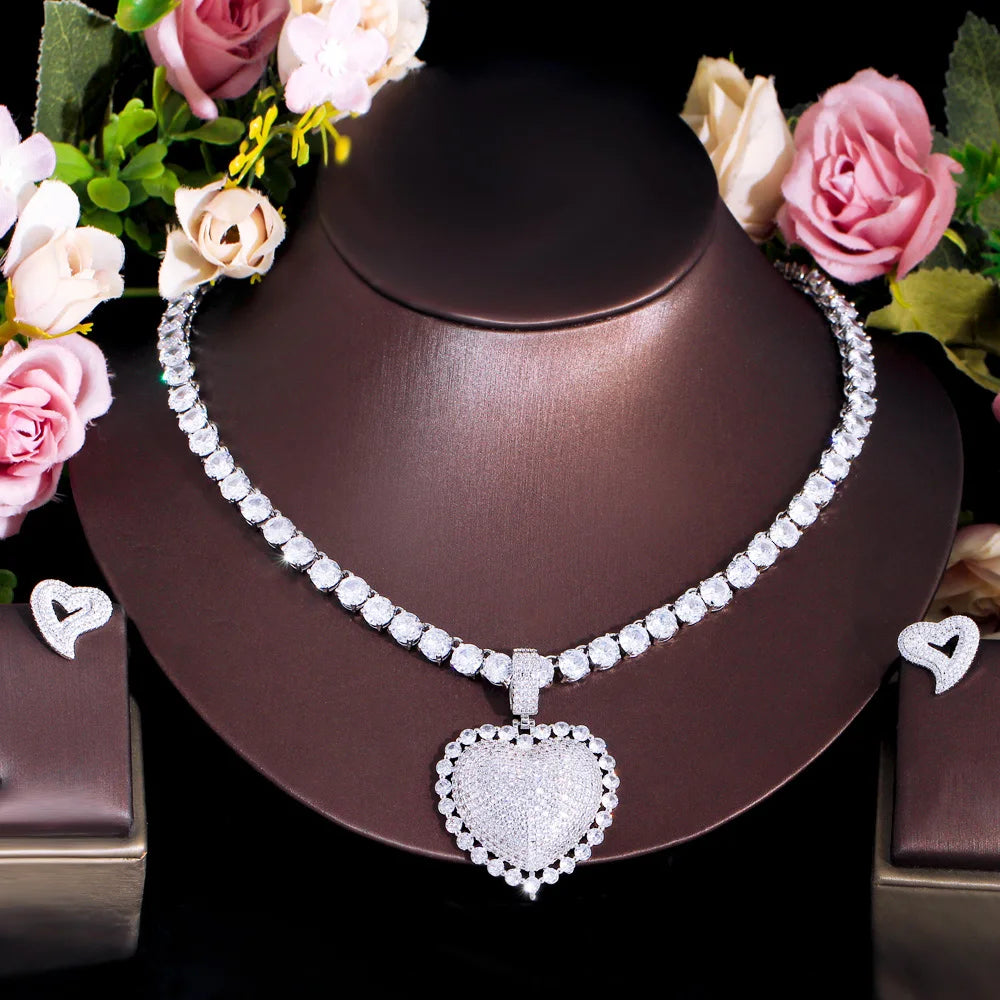 Bling Big Heart Shape Pendant Iced Out Cubic Zirconia Tennis Chain Necklace and Earrings Trendy Party Jewelry Sets for Women