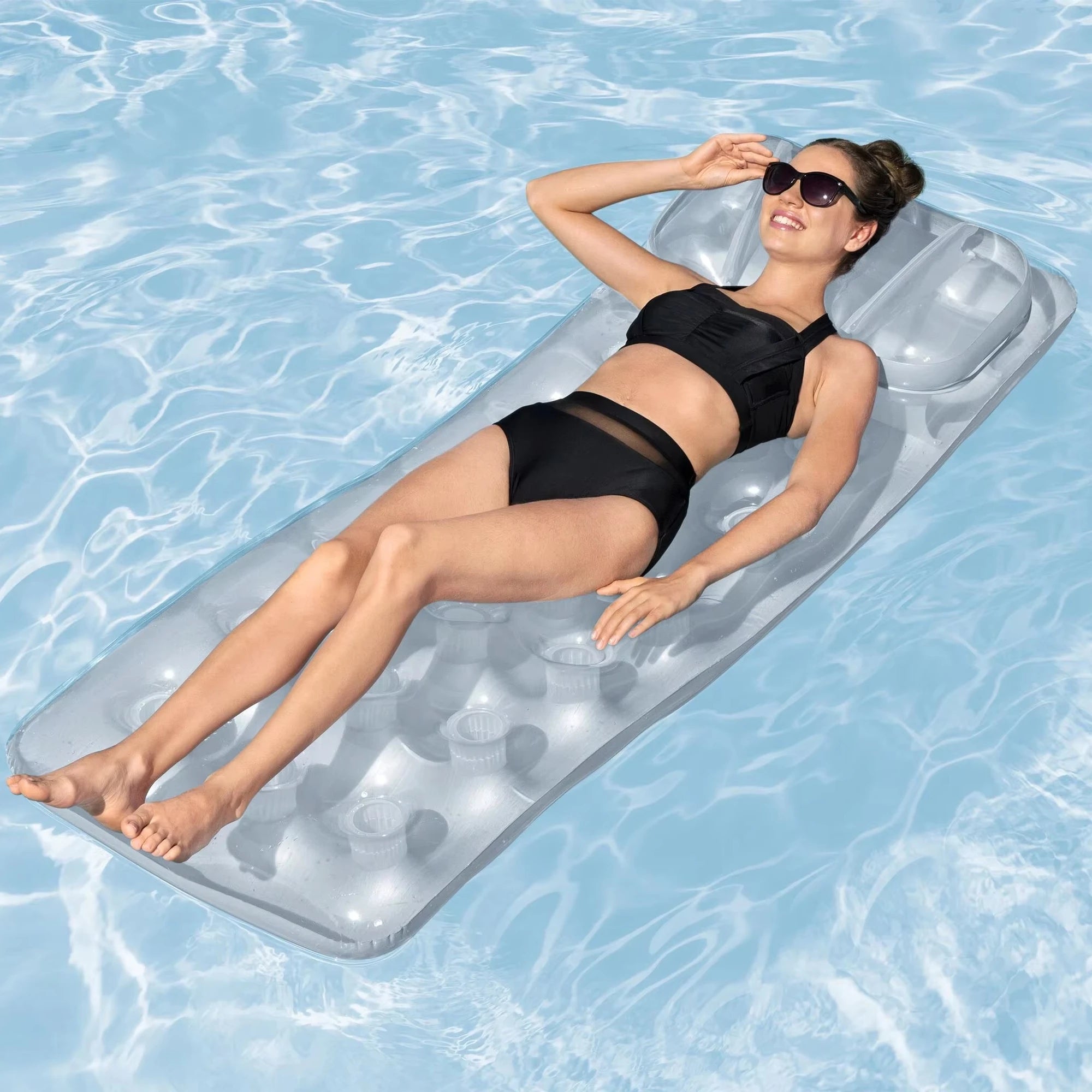 Bestway 43024 Metal Tech Lounge Inflatable PVC Water Bed Mattress Portable for Pool Sea & Swimming Use Transparent Design