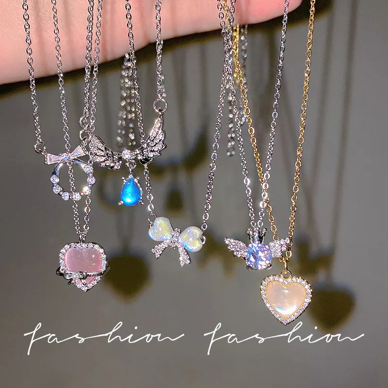 Fashion Jewelry Necklace Stainless Steel Waterproof Zircon Butterfly Heart Moonstone Pearl Pendant Charms Necklaces for Women