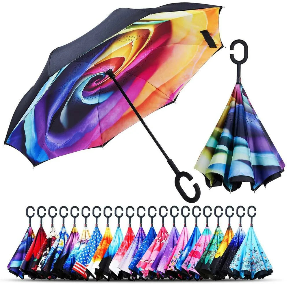 Wholesale Custom C Handle Windproof Reverse Invert Umbrella Double Layer 49" Arc Upside Down Umbrella Inside Out Umbrella