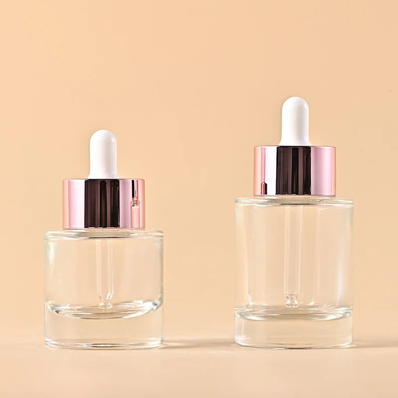 Round and Straight Flat Shoulder Empty Skincare Packaging Essential Oil Hair Oil Serum Glass Dropper Bottle with Rose Red Lid