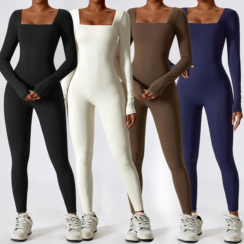 Custom Fitness Rompers Sexy Workout Wear Bodysuit One Piece Jumpsuits Long Sleeve Square Neck Women Gym Yoga Jumpsuit