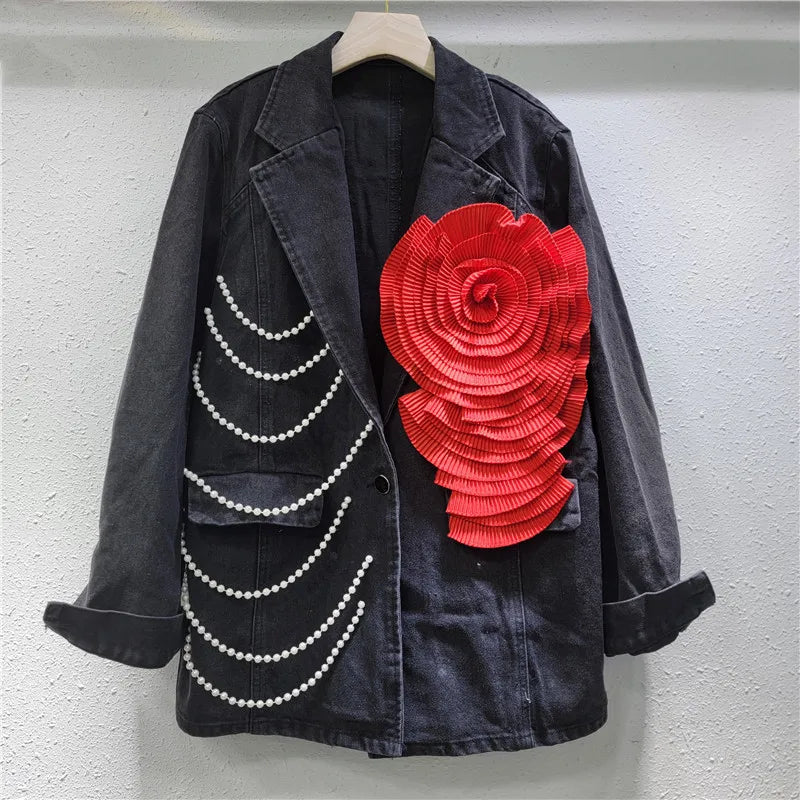 Boutique Wholesale 2025 Spring New Fashion Lapel Casual Loose Long Sleeved Denim Women's Jacket