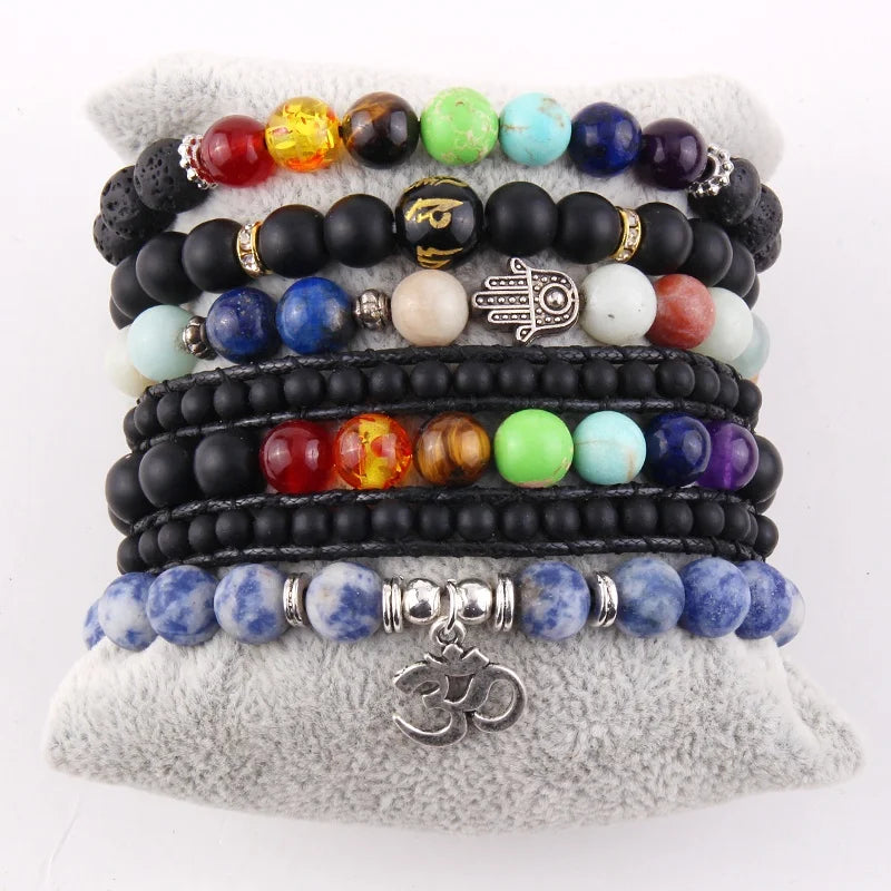 Women Bohemian Jewelry 5pc Crystal Glass Natural Gemstone Bracelet Star Moon Cuff Bangle Chakras OM Yoga Stack Bracelet Sets