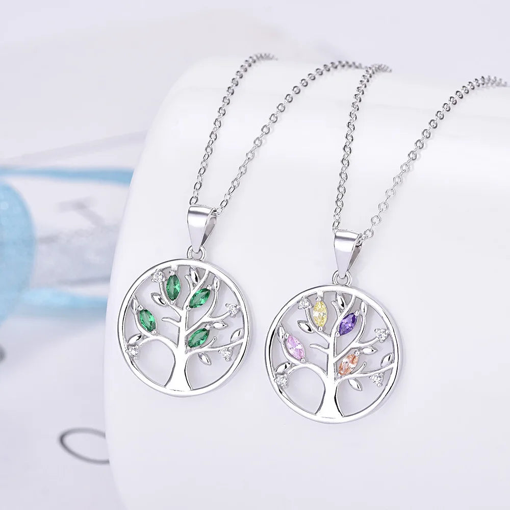 925 Sterling Silver Jewelry Colorful CZ Crystal Chakra Tree of Life Pendant Necklace for Women Girls