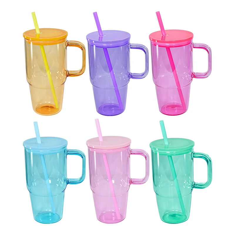 Blank Sublimation 20oz Jelly Color Glass Tumblers with Handle Shaped Drinking  Glass With Plastic Lid and Straw