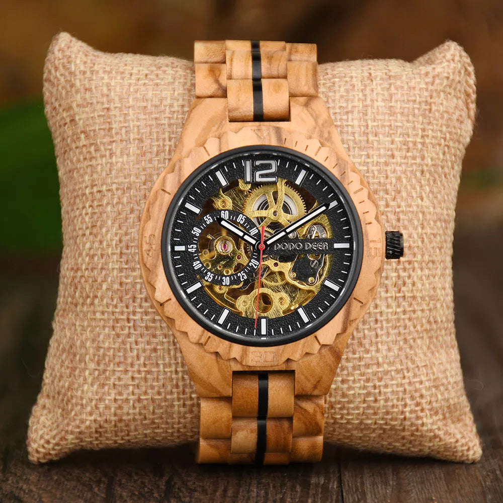 2026 Fashion DODO DEER Luxury Vintage Mechanical Skeleton Olive Wood Stainless Steel Water Resistant Pointer Automatic Watch for