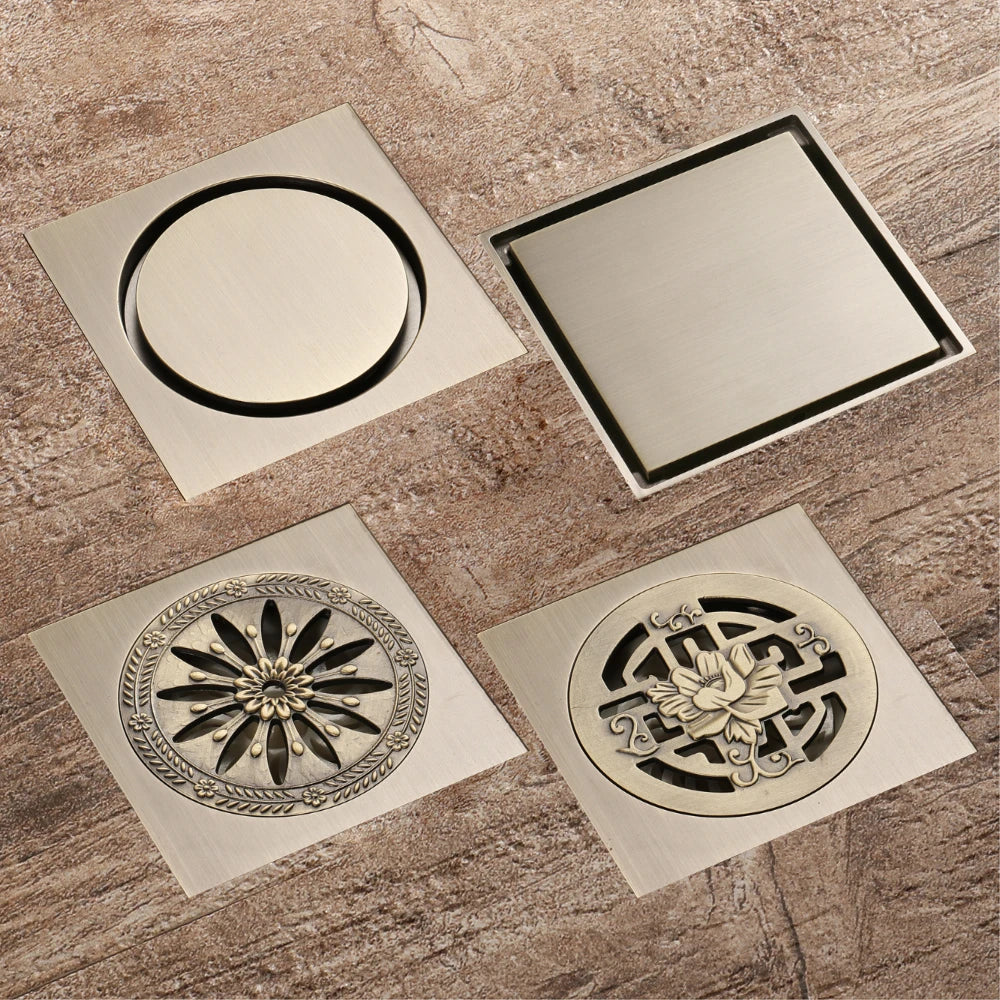 100*100mm Modern Antique Brass Hotel Bathroom Floor Drain Anti-odor Core
