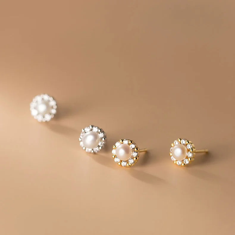 Elegant Trendy Fashion 925 Sterling Silver Crystal Single Synthetic Pearl Stud Earrings for Women Girls