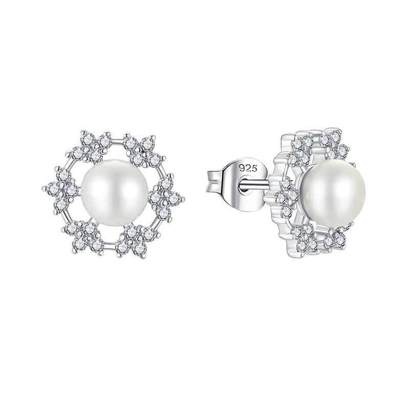 YH JEWELLERY 925 Sterling Silver Flower Stud Earrings Silver Cubic Zirconia Fresh Water Pearl Earrings for Girls