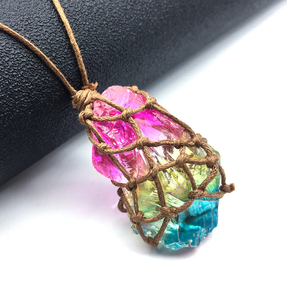 Hot Sale Natural Irregular Colorful Rough Stone Woven Pendant Sweater Chain Necklace