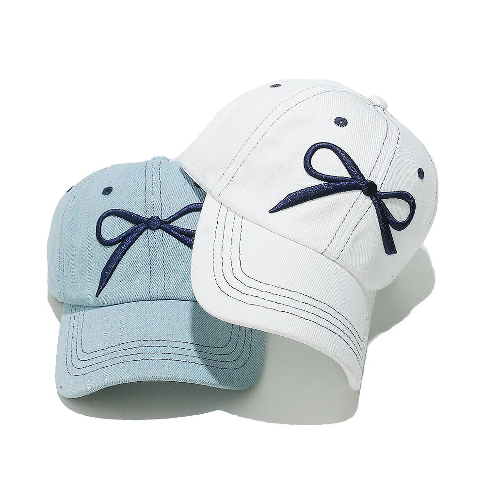 New Popular Hot Sale Custom Logo Embroidery Bow 6 Panel Curved Brim Cotton Denim Korean Style Gorras Sports Hat Baseball Cap