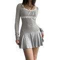 RNSHANGER Casual Knit Sweet Bow Autumn Dress Basic Lace Patchwork Korean Coquette Clothes Square Neck A-Line Dress for Women