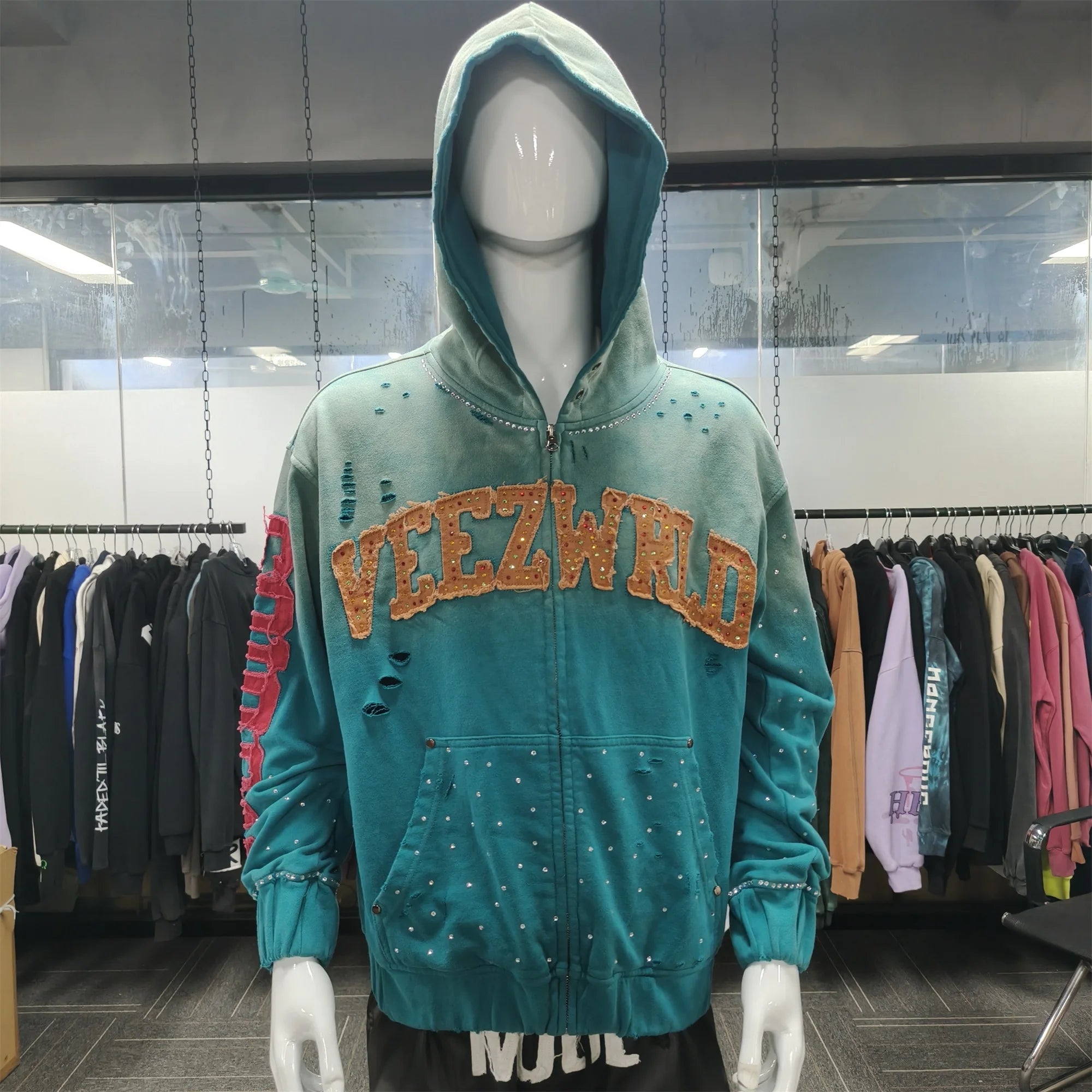 US Free Tax Sun Faded 500gsm Vintage Acid Wash Distressed Zipper Boxy Fit Zip up Rhinestone Patchwork Hoodie for Men