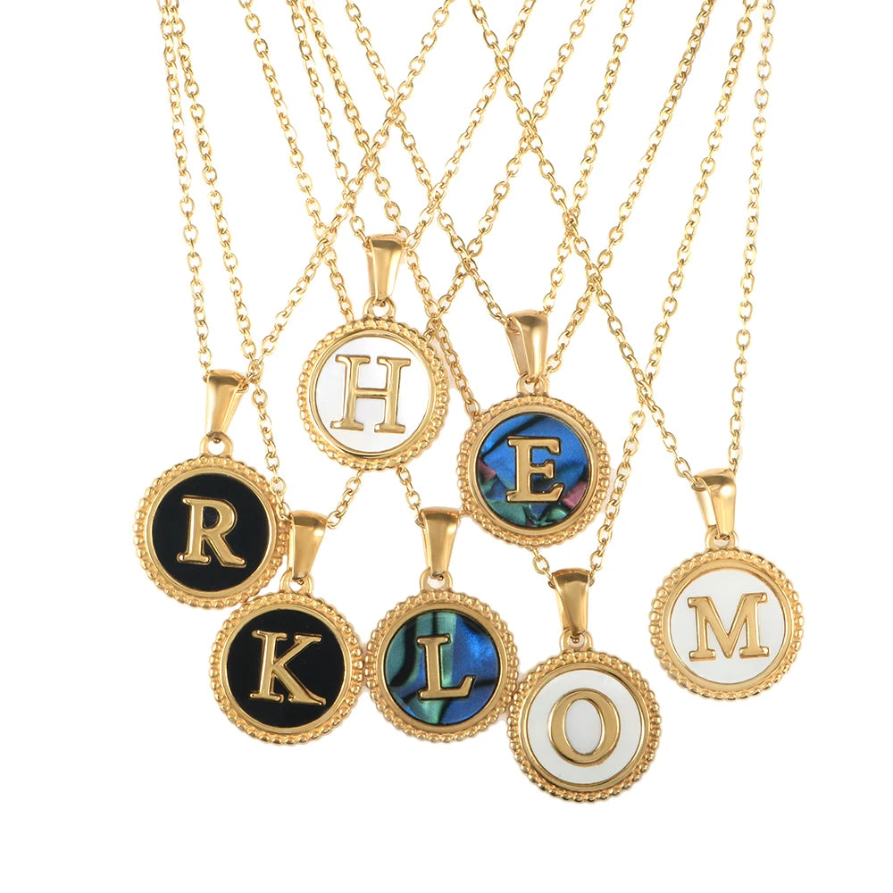 A-Z Initials Letter Women Geometric White Black Color Stainless Steel Nameplate Shell Alphabet Round Charm Pendant Necklace