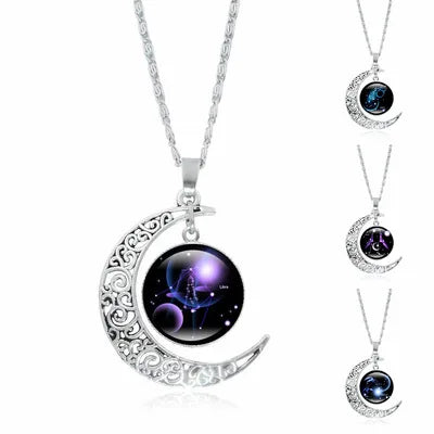 New DIY Customized 12 Zodiac Sign Necklace Fashion Glow in the Dark Glass Gem Crescent Moon Pendant Necklace for Women Men Gifts