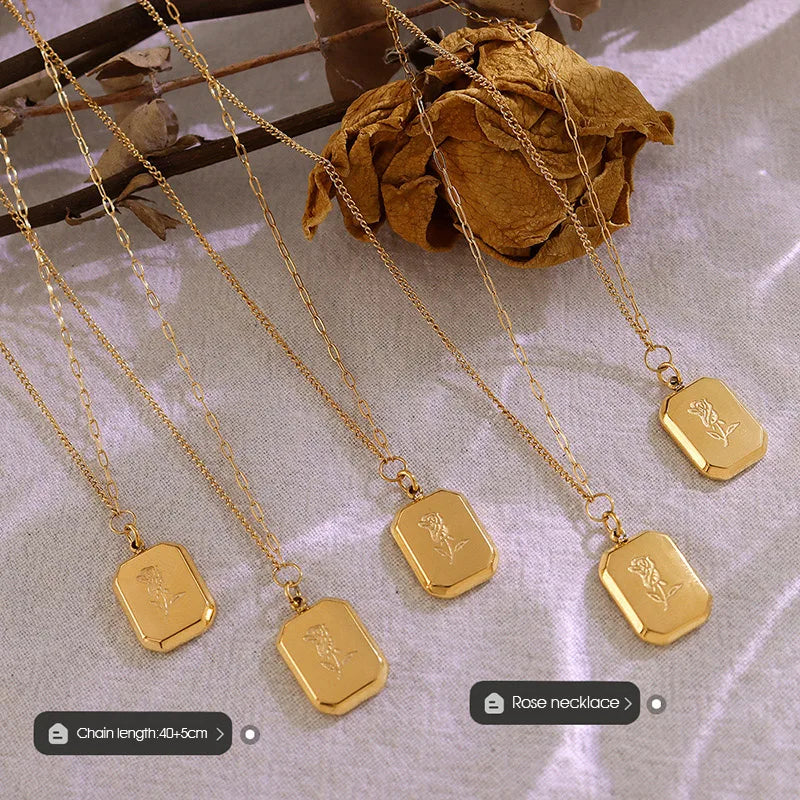 Hot Selling Dainty Thin Wholesale Gold Plated square Pendant Rose Engravable Charms 18k Necklace Steel