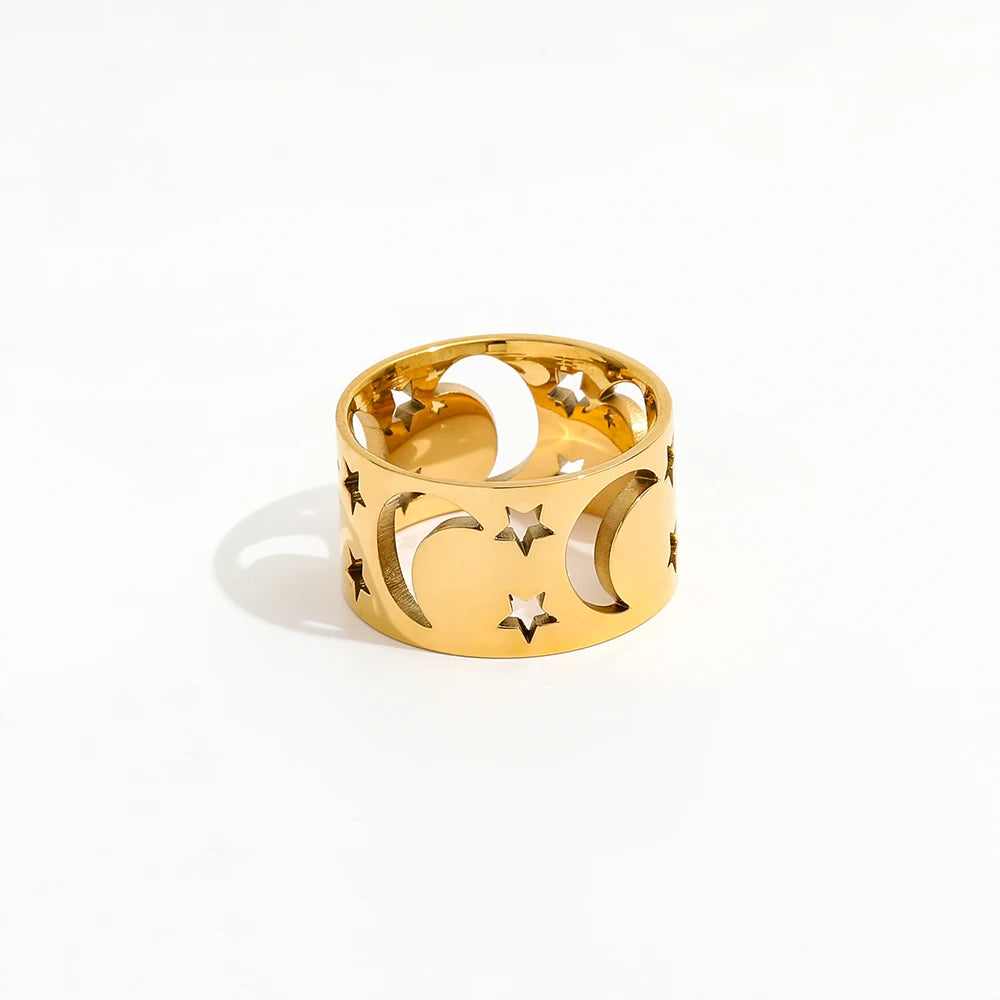 Fenny 18K Gold Plated Wholesale Fashion Three-dimensional Hollow Star Moon Band Stainless Steel Finger Ring Trend for Women