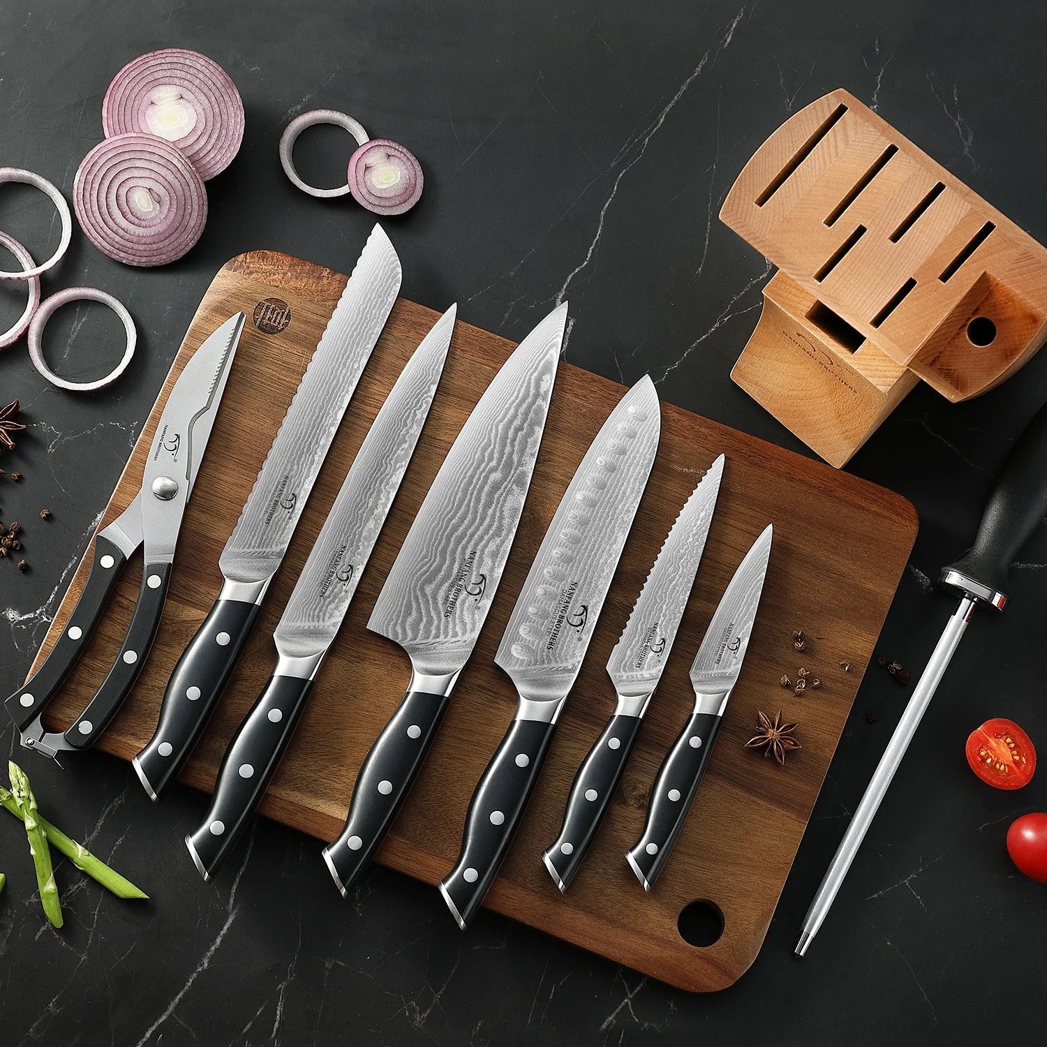 Household Knife Gift 9 -Piece ABS Handle Damascus Chef Knife Set with Sharpener Scissors Wooden Knife Holder