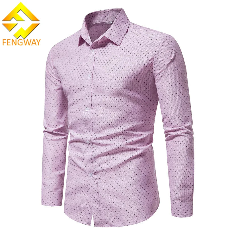 Fengway Custom Men's Long Sleeve Casual Shirt with Polka Dot Print Autumn Breathable Cotton/Polyester Fabric