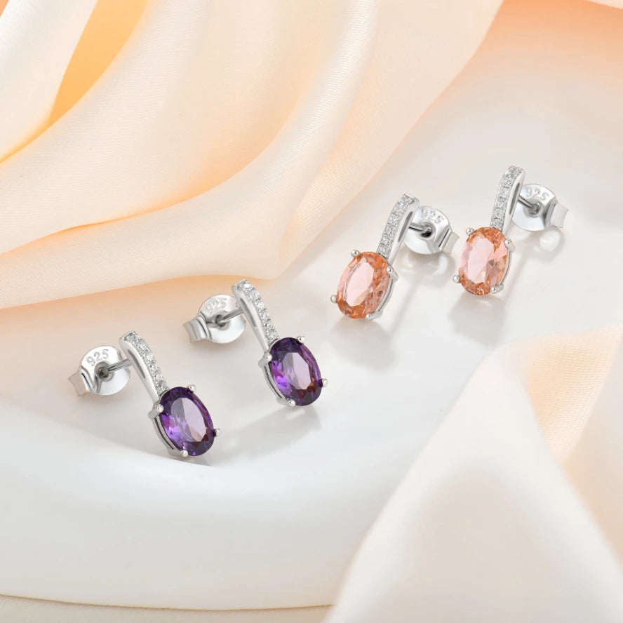 YILUN Exquisite 925 Sterling Silver Earrings Set Rhodium Plated Oval Amethyst and Morganite CZ Adorned Stud Earrings for Women