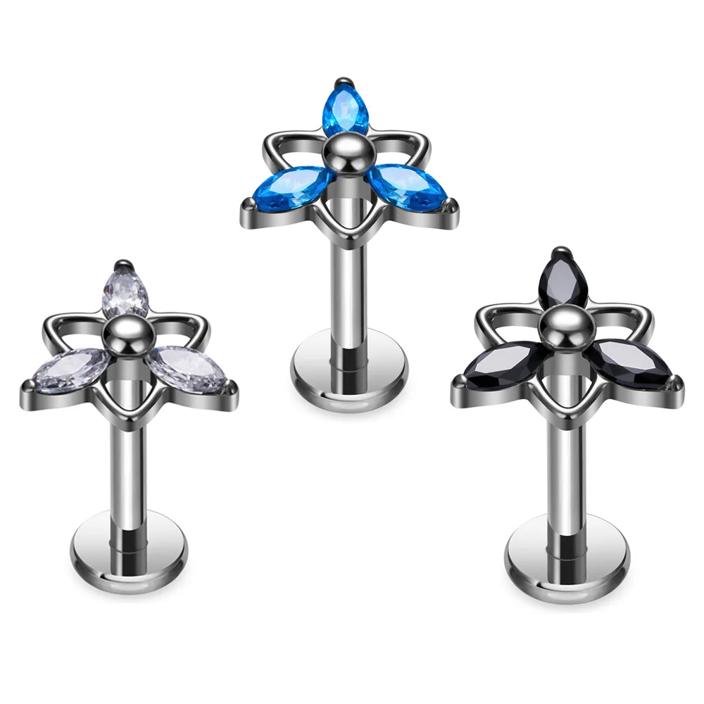 G23 Titanium Piercing Ear Stud for Women Clover Shaped 16G Zircon Inlay Ear Tragus Cartilage Helix Daith Piercing Jewelry