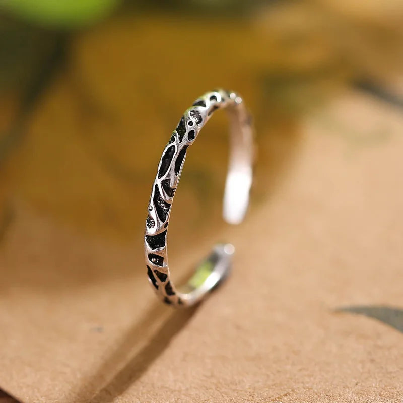 925 Sterling Silver Opening Ring Simple Pattern Retro Female Ring Sterling Silver Jewelry Personality Trend