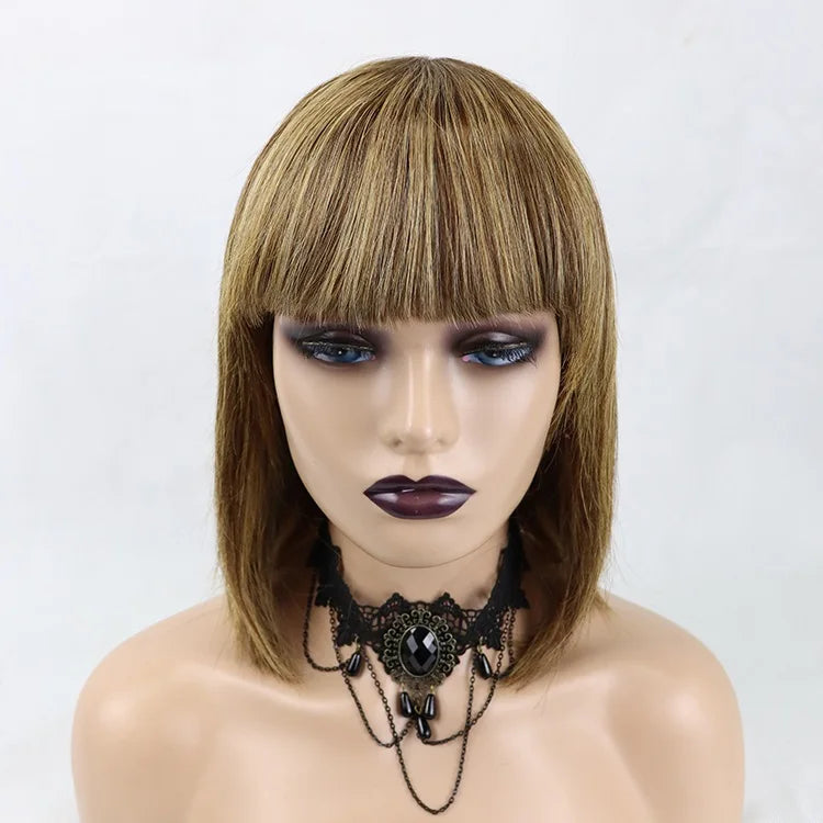 Hot Sale 10-16 Inch Silky Straight Human Hair Wigs with Bangs Fashionable 4/27 Bangs Wig