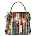Real Cowhide Genuine Leather Women's Snake Pattern Tote Handbag with Colorful Stripes Cotton Lining & Print Decoration