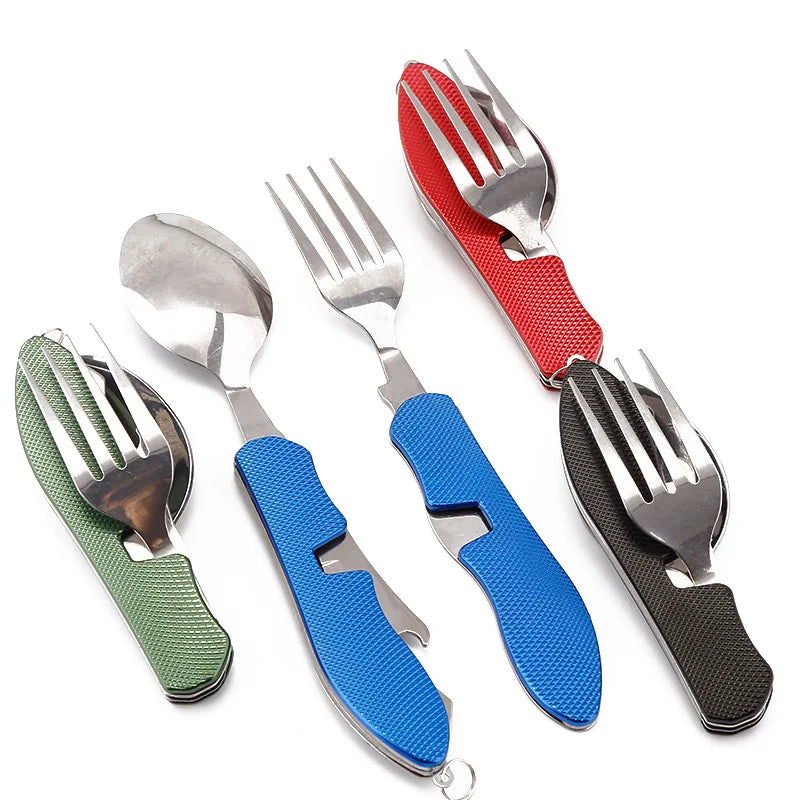 4 in 1 Detachable Multi Cutlery Set Dinnerware Set Stainless Steel Foldable Knife Fork Spoon Bottle Opener for Travel Utensil