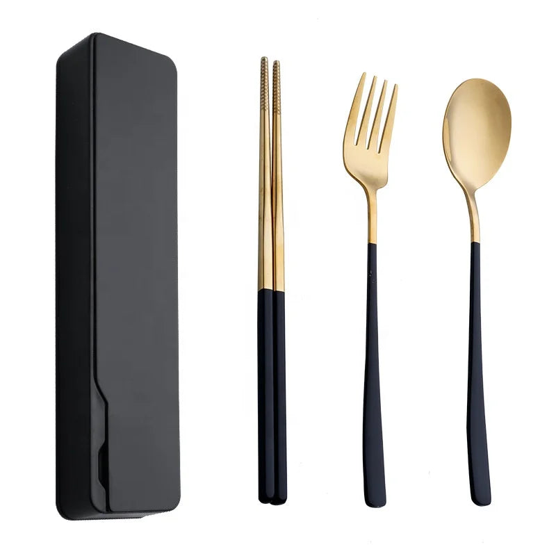 Chufei N0396 Travel Portable Reusable Eco Camping Stainless Steel 304 Spoon Fork Chopstick Cutlery Set Plastic Packing Bag