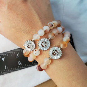 BC4001 FashionNatural Matte Agate Grey Map Stone Beaded Zircon CZ Micro Pave Alphabet Initial Letter Charm Bracelet