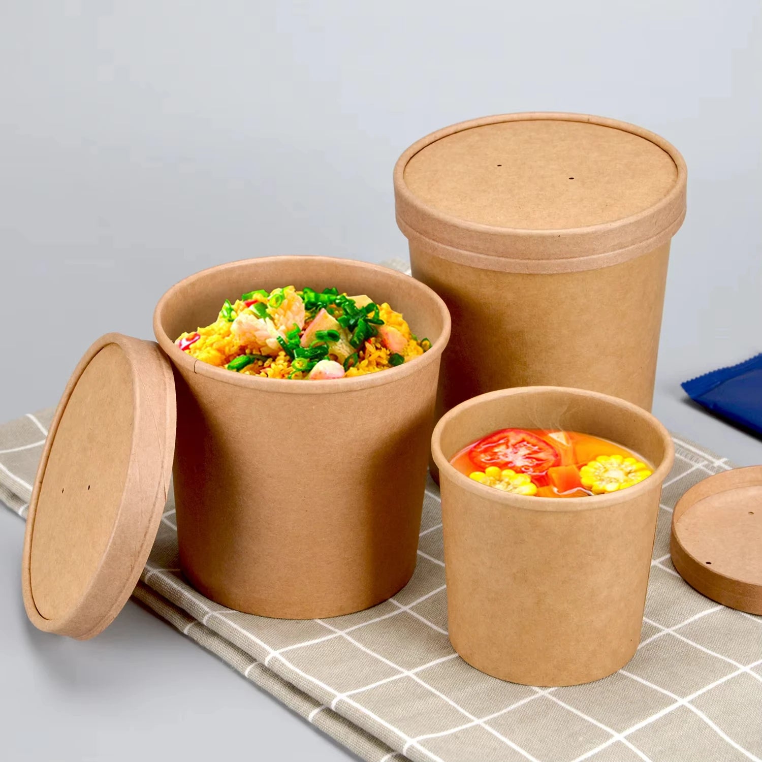 Take-Away Hot Soup Bowl Kraft Paper Bowls Food Packaging Containers Disposable  Round Kraft Paper Salad Bowls For Soup Salad