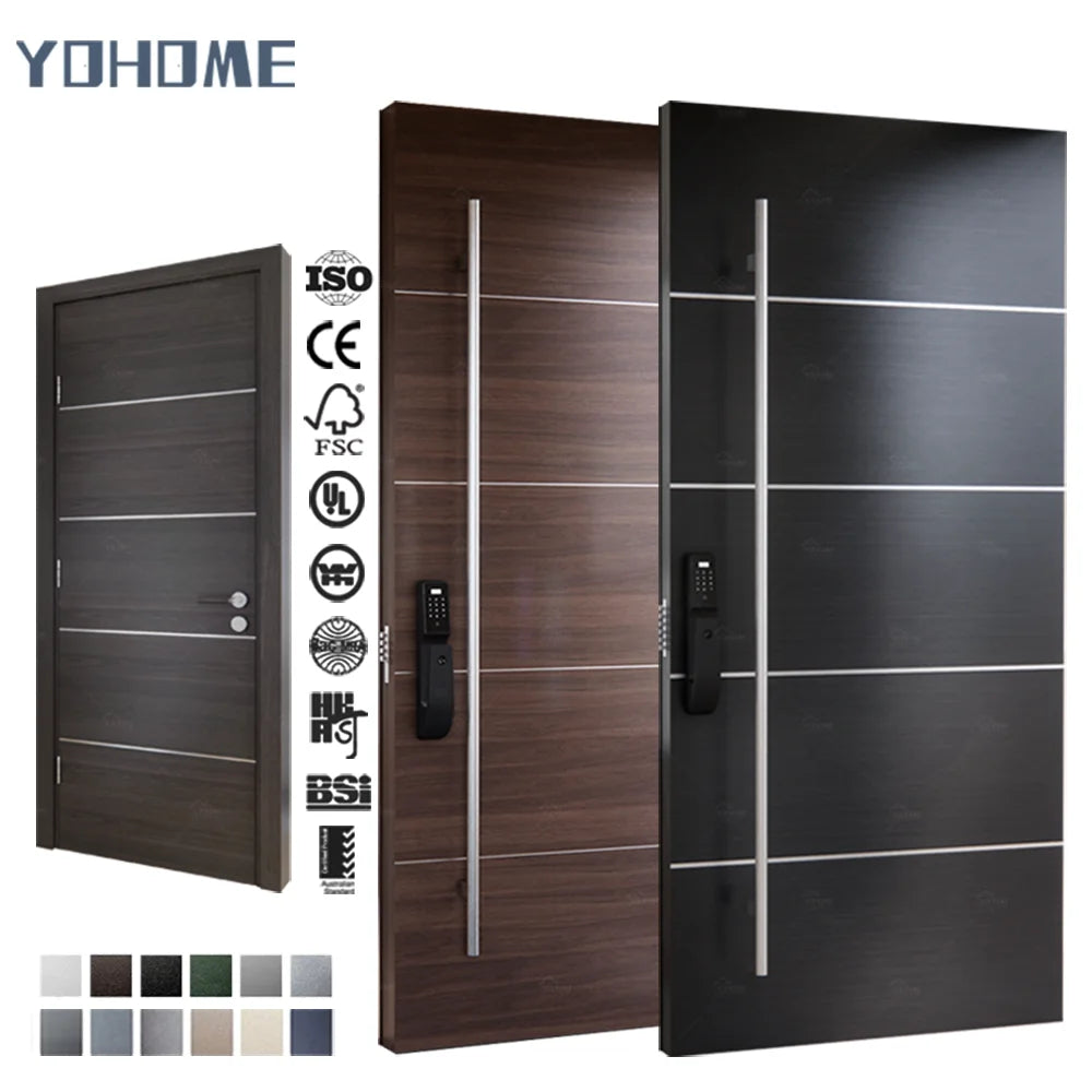China Top Steel Door Custom Luxury Residential House Stainless Steel with Aluminum Trim Strip Metal Entry Front Doors