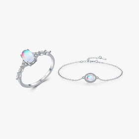 Europe Style 925 Sterling Silver Jewelry Set Simple Fancy Oval Egg Shaped Moonstone Bracelet Ring for Wedding Gift Women Girls