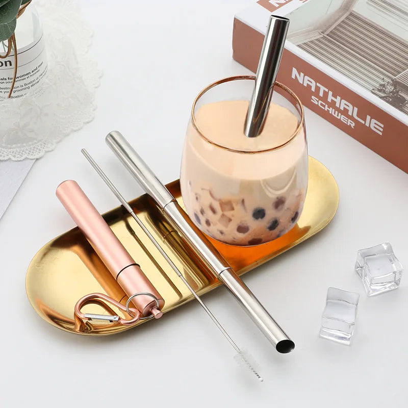 Eco-Friendly Reusable 12mm Stainless Steel Telescopic Straw Bubble Tea Collapsible Metal Bar Accessories Case for Drinking