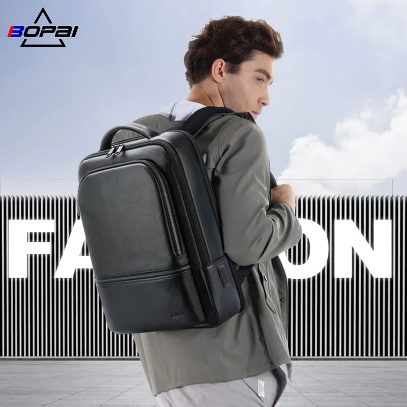 BOPAI Business Smart Wholesale Usb Charging Men 15.6 Inch Laptop Cowhide Custom Luxury Genuine Real Leather Backpack