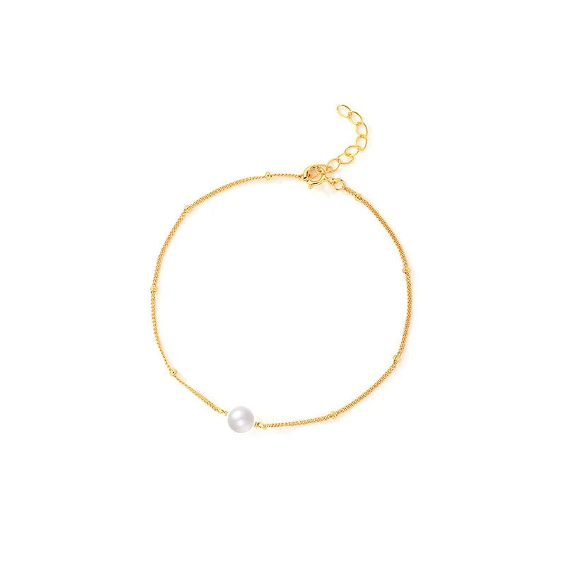 Temperament 18K Gold Plated Pearl Charm Bracelet 925 Sterling Silver Link Chain Round Pearl Bracelet