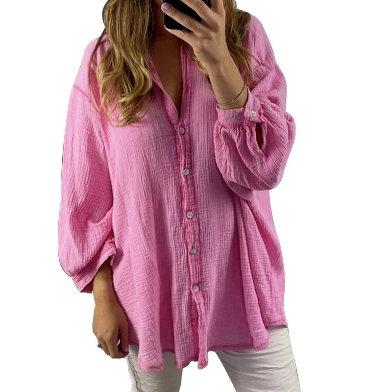 Spring and Summer Sunscreen Clothes Medium Length Sleeve Cotton Linen Shirt Women's Loose Shirt With Buttons