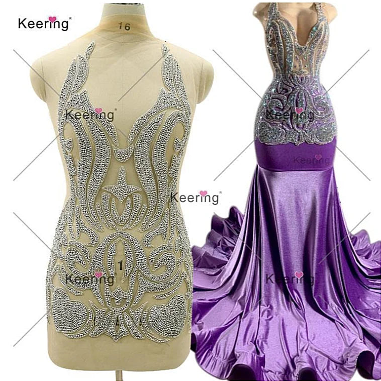WDP-394  Full Purple Body Rhinestone Bodice Applique Handmade Silver Crystal Beaded Rhinestones Applique Sew for Clothing