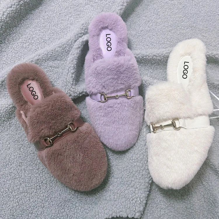 Custom Women Indoor Outdoor Faux Mink Fur Loafers Mules Flat Slides Fluffy Furry Fashion Fur Slippers with Buckle