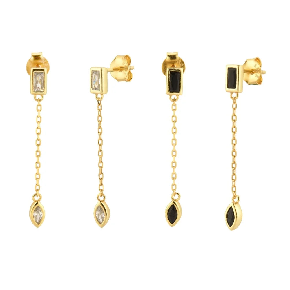 FUAMAY Women's Gold Plated Stud Earrings Black Baguette 32mm Silver Zircon
